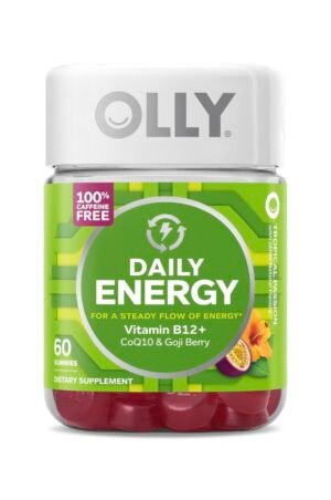 OLLY Daily Energy Gummy, Caffeine Free, Vitamin B12, CoQ10, Goji Berry, Adult Chewable Supplement, Tropical Flavor - 60 Count